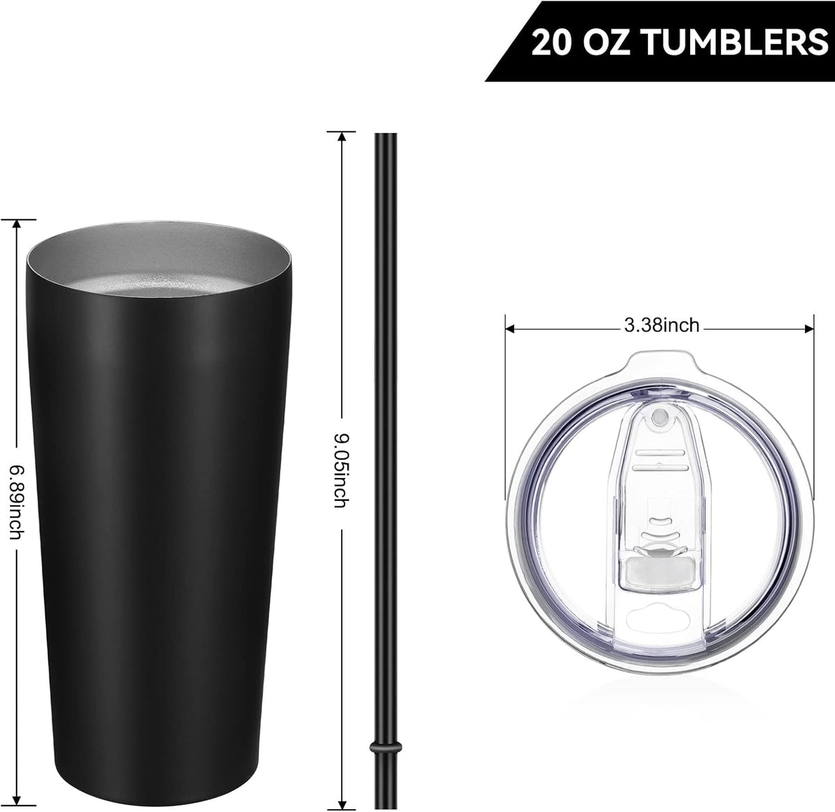 Vegond 20oz Tumbler Bulk with Lid and Straw 6 Pack, Stainless Steel Vacuum Insulated Tumbler, Double Wall Coffee Cup Travel Mug, Black