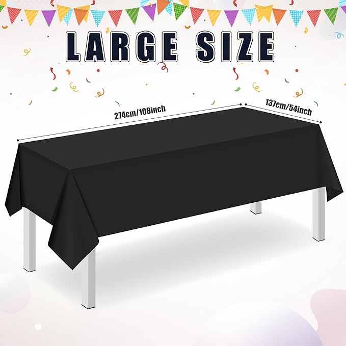 16 Pack Black Plastic Tablecloth for Rectangle Tables, Premium Decorative Black Disposable Table Cloths for Parties, Bulk Rectangle Party Table Cover for Birthday, Wedding, Anniversary, 54 x 108 Inch