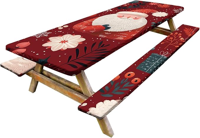Picnic Table Cover with Bench Covers Set of 3, Elastic Fitted Tablecloth for 6 Foot Tables, Washable Polyester Tablecloths for Camping, Indoor & Outdoor