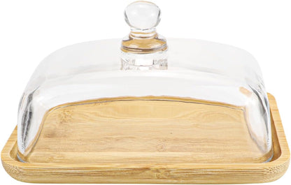 Crystal Clear Glass Butter Dish with Lid Butter Holder Container for Butter, Cream Cheese, and Dessert Cake（Bamboo）