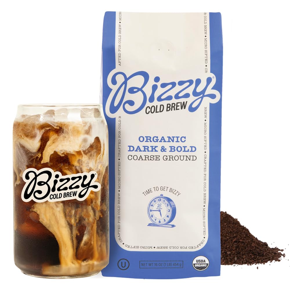 Bizzy Organic Cold Brew Coffee, Dark & Bold Blend, Coarse Ground Coffee, Dark Roast, Micro Sifted, Specialty Grade, 100% Arabica, 1 LB