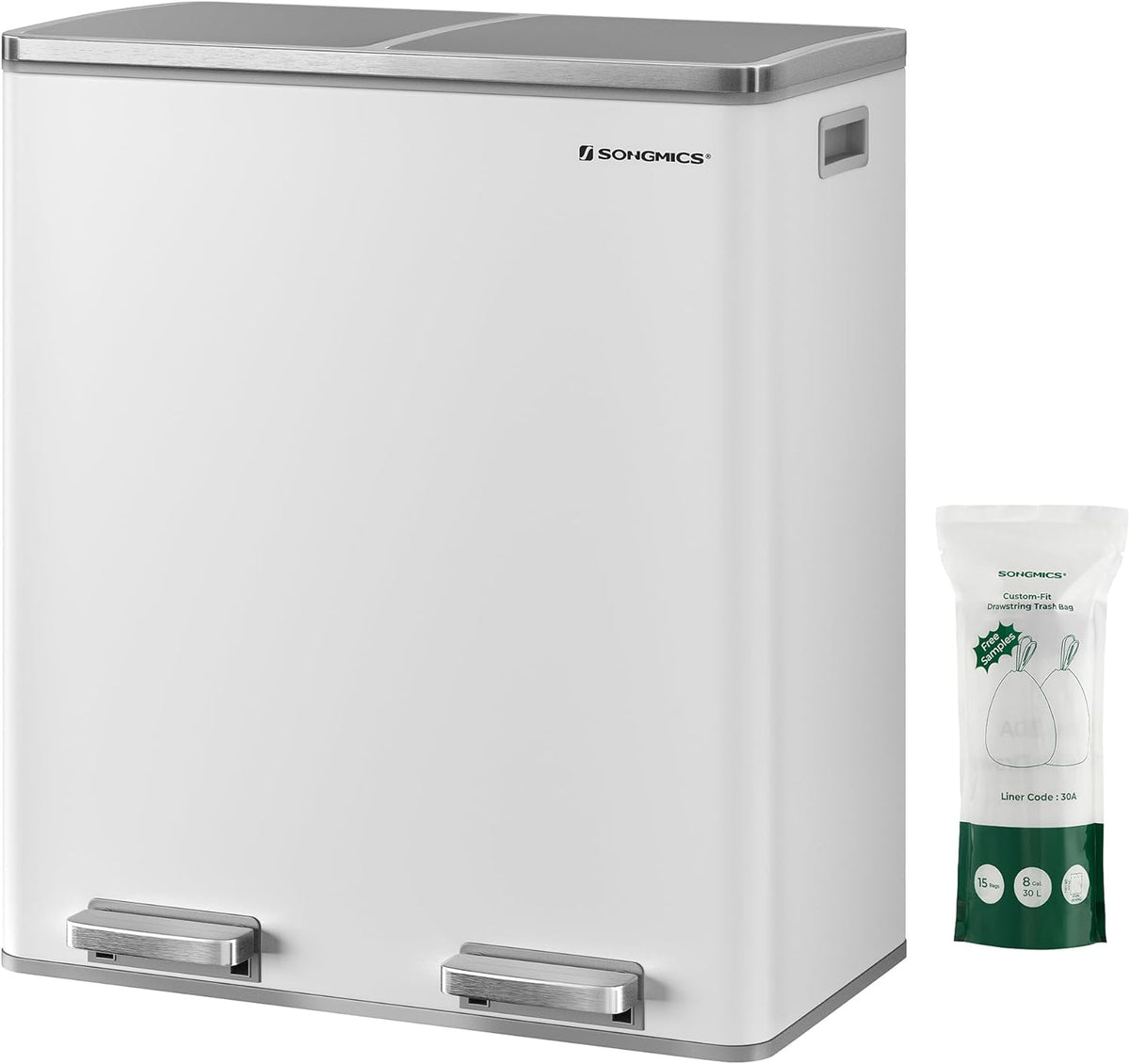 SONGMICS Trash Can, 2 x 8 Gallon (2 x 30 L) Garbage Can for Kitchen, with 15 Trash Bags, 2 Compartments, Plastic Inner Buckets and Hinged Lids, Airtight, White and Gray ULTB60WT