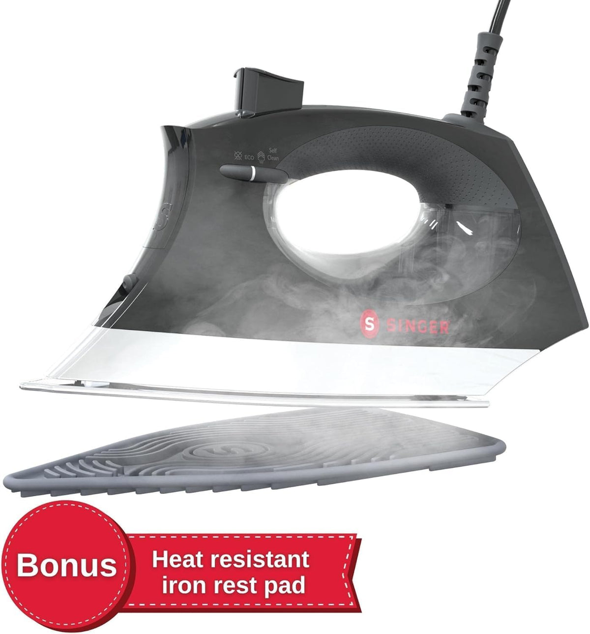 SINGER SteamCraft Plus 2.0 Steam Iron (1800W) | Steamer with Stainless Steel Plate, OnPoint Precision Tip, Vertical Steam, Auto Shutoff & 300ml Tank Capacity - Black