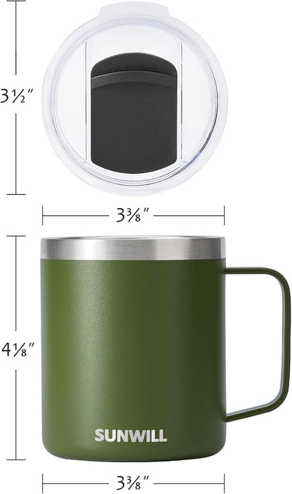 Sunwill Travel Coffee Mug with Lid, Insulated Tumbler with Handle, 14 oz Stainless Steel Cup for Camping, Office, Home, Powder Coated Olive