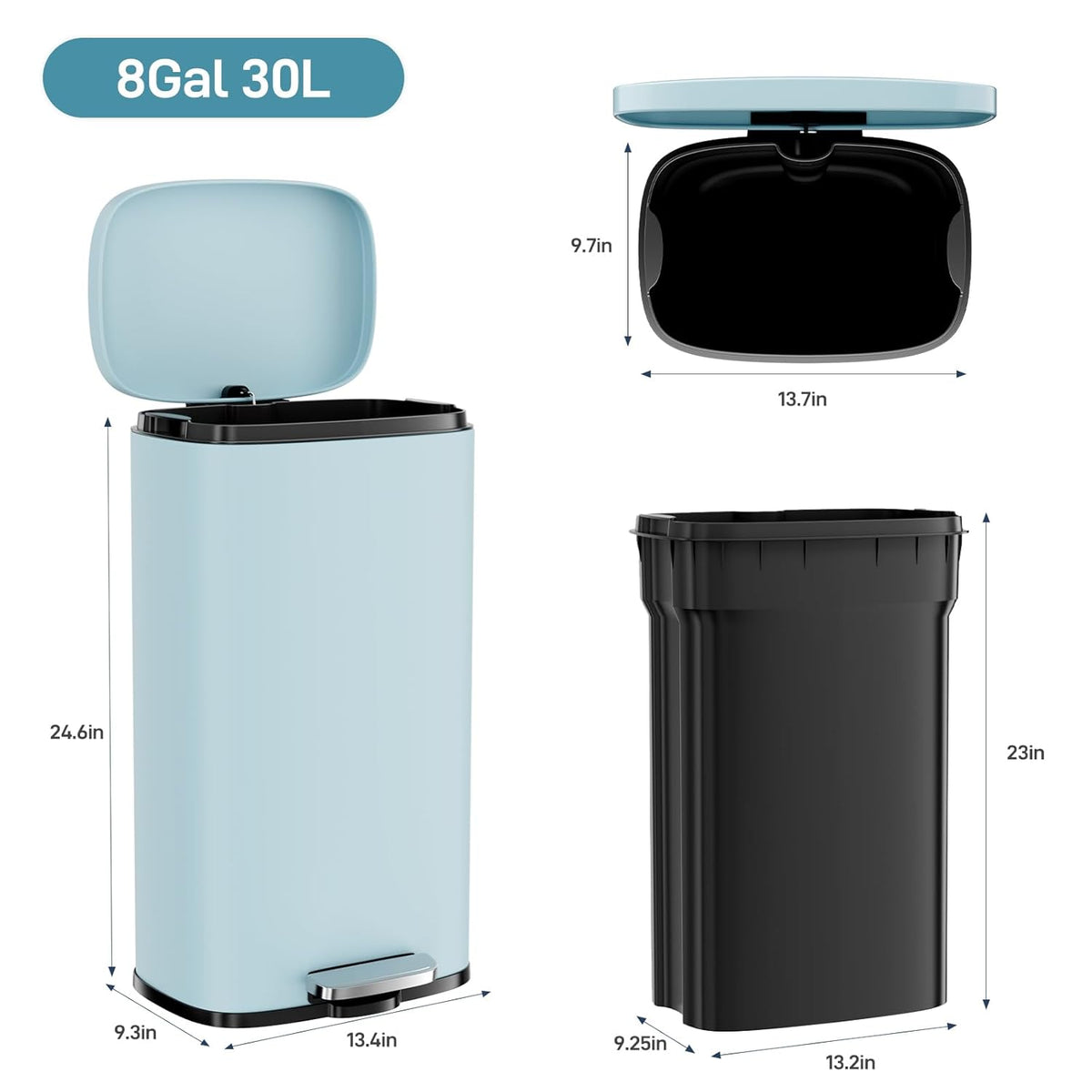 Arlopu 8/13.2 Gallon Step Trash Can, Stainless Steel Garbage Bin, Soft-Close Rubbish Bin with Removable Plastic Inner Bucket, Fingerprint-Proof, Lid Dustbin, Suit for Kitchen (Tide Pool Blue, 30L)