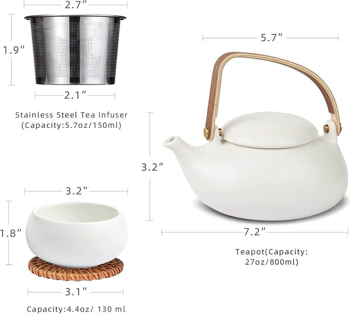 Zens Modern Japanese Tea Set, 27 oz Ceramic Japanese Teapot with Fine Stainers and 4 Cups for Loose Leaf Tea Steeper