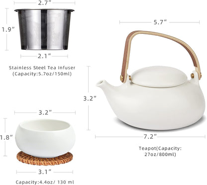 Zens Modern Japanese Tea Set, 27 oz Ceramic Japanese Teapot with Fine Stainers and 4 Cups for Loose Leaf Tea Steeper
