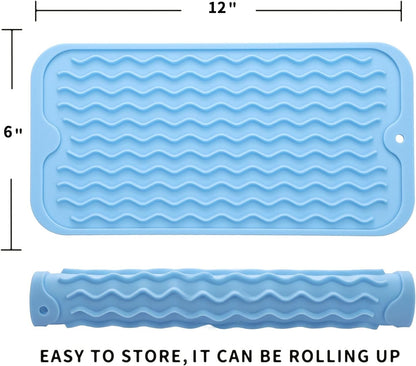 Silicone Dish Drying Mat for Multiple Usage,Easy clean,Eco-friendly,Heat-resistant Silicone Mat for Kitchen Counter or Sink,Refrigerator or Drawer Liner Light Blue S 12 inches x 6 inches