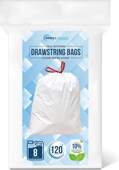 SIMPLI-MAGIC 8 Gallon Drawstring Trash Bags, 120 Pack – Tall Kitchen Garbage Bags, Custom Made with Premium Materials (White)