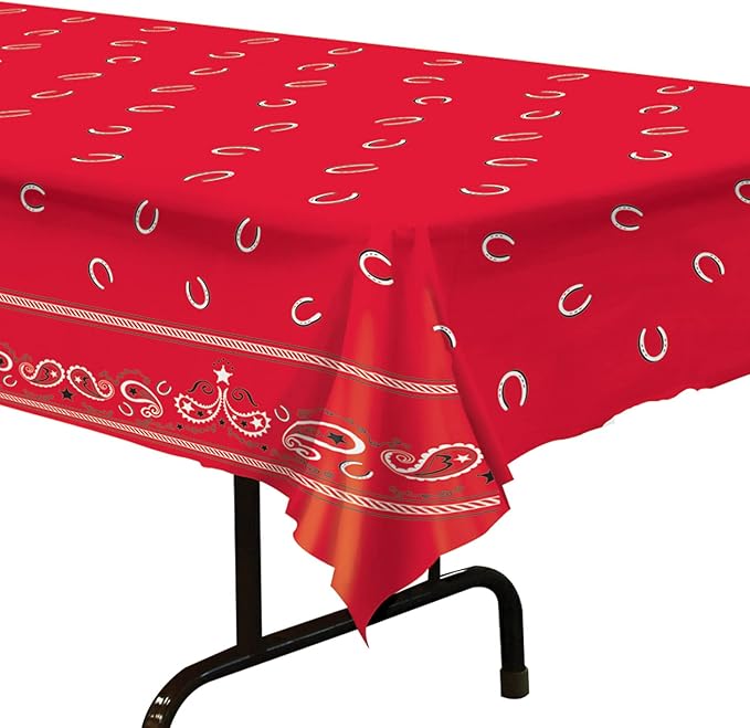 Beistle Red Bandana Plastic Tablecover – Western Theme Rectangular Tablecloth for Farmhouse Parties, Cowboy Birthday Decorations, Rodeo Events and Country Picnic Tables, 54” x 108”