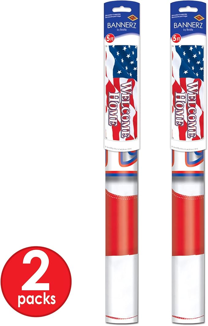 Beistle Welcome Home Sign Banners, 21” x 5’, 2 Pack – Service Personnel Homecoming Decorations, Welcoming Party Supplies for Indoors & Outdoors, American Flag Themed Décor with Stars & Stripes