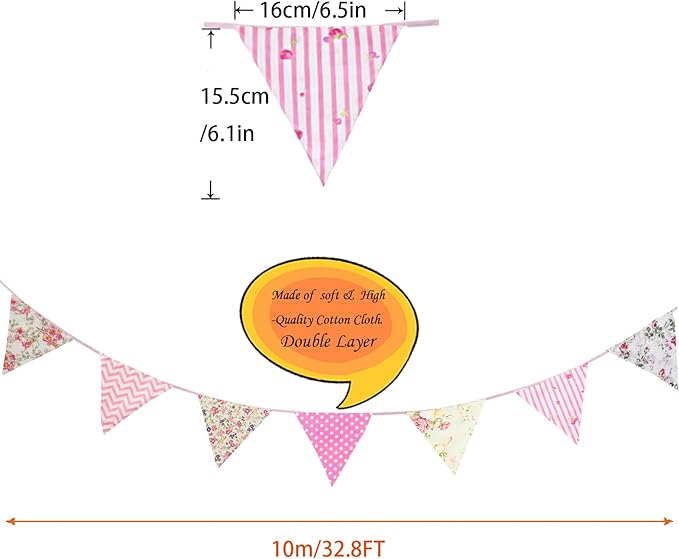 Zwiebeco 32Ft Pink Floral Fabric Bunting Triangle Flags Cotton Flower Pennant Banner Decoration for Birthday Wedding Engagement Baby Shower Tea Party Spring Rustic Village Home Garden Décor