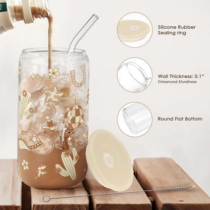 Western Cowgirl 16oz Can Glass Tumbler with Acrylic Lid & Straw, Iced Coffee Cup for Women, Aesthetic Cups Gifts for Birthday Christmas
