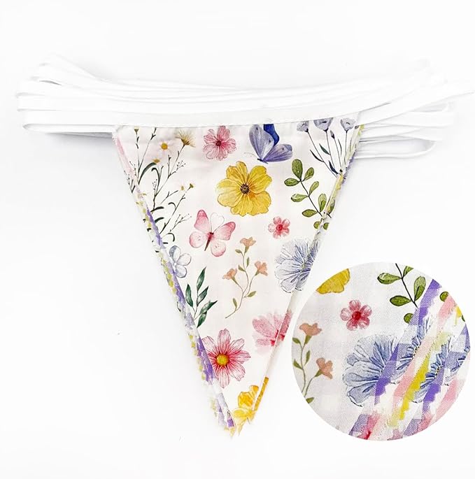 32Ft Wildflower Party Decorations Pink Purple Yellow Gingham Plaid Flowers Pennant Floral Banner Fabric Triangle Flag Garland Streamers for Easter Spring Summer Birthday Baby Shower Picnic Party Decor