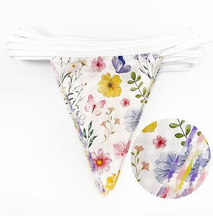 32Ft Wildflower Party Decorations Pink Purple Yellow Gingham Plaid Flowers Pennant Floral Banner Fabric Triangle Flag Garland Streamers for Easter Spring Summer Birthday Baby Shower Picnic Party Decor