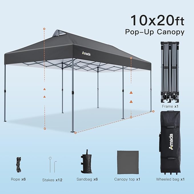 Amada 20x10 Pop Up Canopy Tent - Center Lock One Push Commercial Instant Canopies with 3-Height Adjustable & Wheeled Bag, 12 Stakes 6 Sandbags 6 Ropes, Great for Trade Shows, Events (20x10ft, Grey)