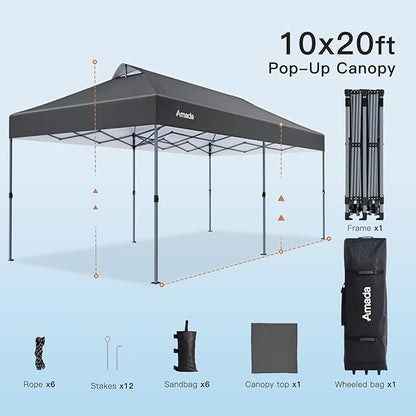 Amada 20x10 Pop Up Canopy Tent - Center Lock One Push Commercial Instant Canopies with 3-Height Adjustable & Wheeled Bag, 12 Stakes 6 Sandbags 6 Ropes, Great for Trade Shows, Events (20x10ft, Grey)