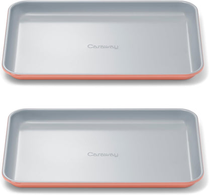 Caraway Nonstick Ceramic Small Baking Sheet Duo (9x13”) – Non-Toxic, PTFE & PFOA Free – Oven Safe – Aluminized Steel Core – Mini Sheet Pan for Baking, Roasting & More - Perracotta