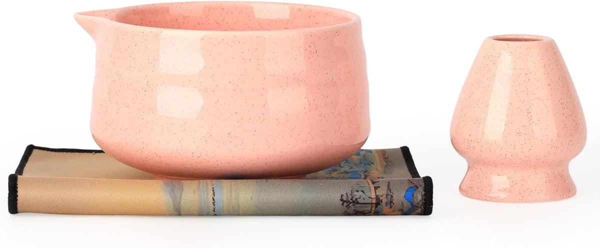 Japanese Ceramic Matcha Bowl - 16oz Speckle Glaze Chawan & Whisk Stand for Perfect Froth, Dishwasher Safe Pink
