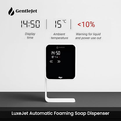 GentleJet LuxeJet Automatic Foaming Soap Dispenser – Touchless Sensor, LED Display, 5 Foam Levels, Wall Mount or Countertop, Rechargable USB-C or Battery Powered, Aluminum Alloy, 480 ml Refillable