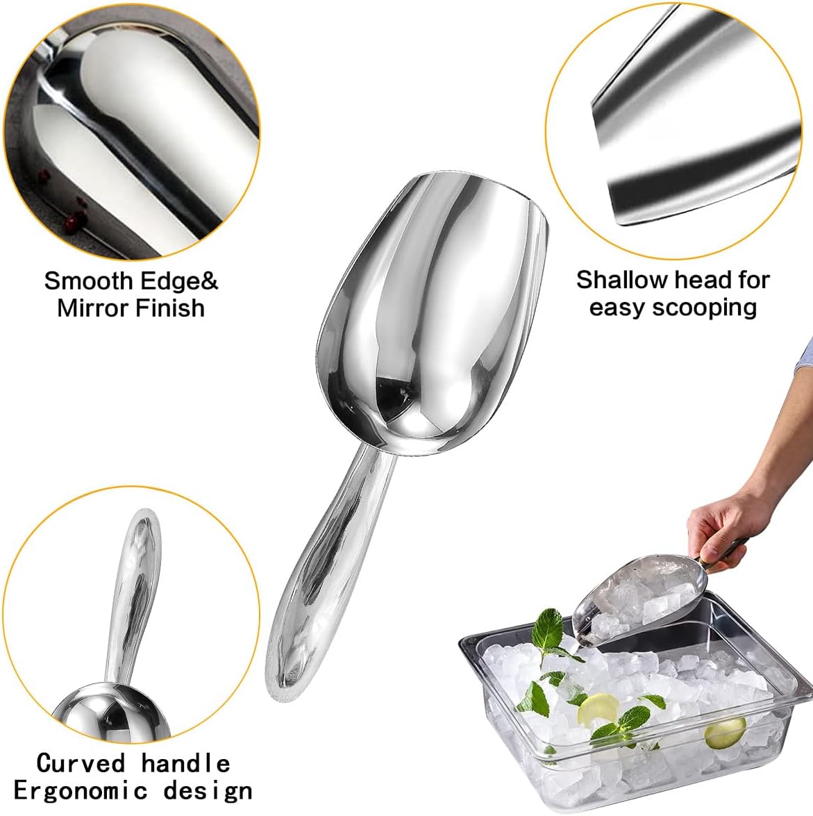Metal Ice Scoop，Kitchen Ice Scooper for Ice Maker,Stainless Steel Small Ice Scooper for Freezer，Kitchen Gadgets Cookie Flour Pet Dog Food Scoop (Curved handle silver, 6OZ)
