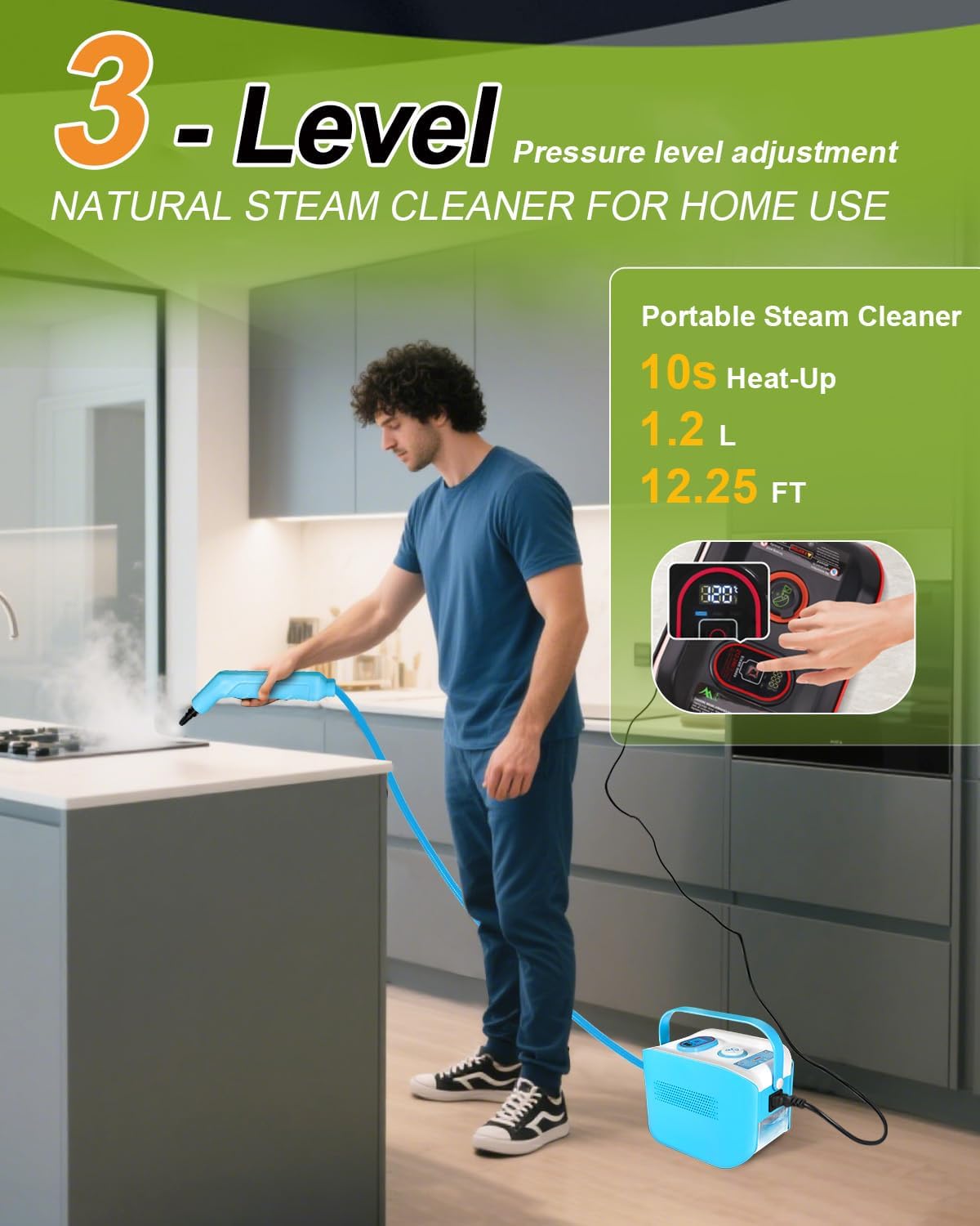 Handheld Steam Cleaner for Home, 10s Heat-Up/2.1 Qt Tank/4.5BAR High Pressure Hand held Steamer for Cleaning, 3 Level Pressurized Portable Steam Cleaner for Car Detailing, Bed Bugs, Blue,Tile, Grout