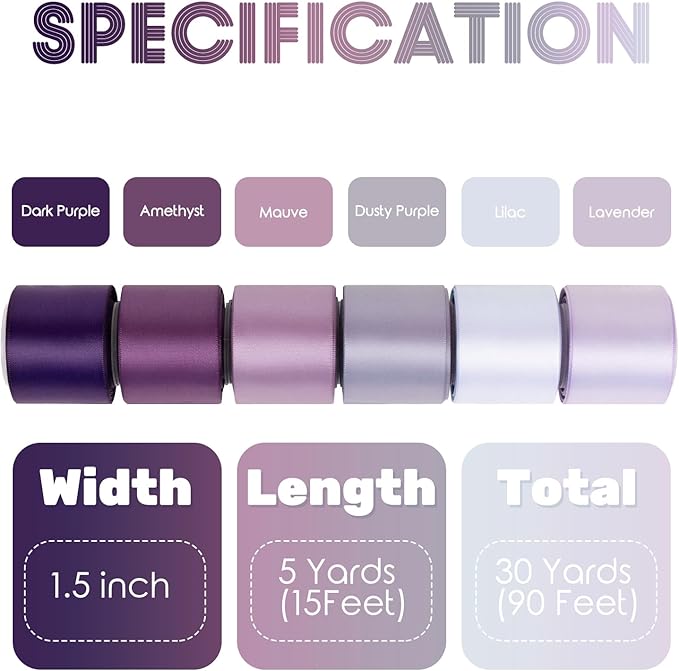 Purple Ribbon 1.5 Inch Lavender, Lilac, Amethyst, Dark Purple Double Faced Satin Ribbon for Flower Bouquet, Gift Wrapping, Wedding Invitation, Bows, Crafts, Gift Bags - 30Yards