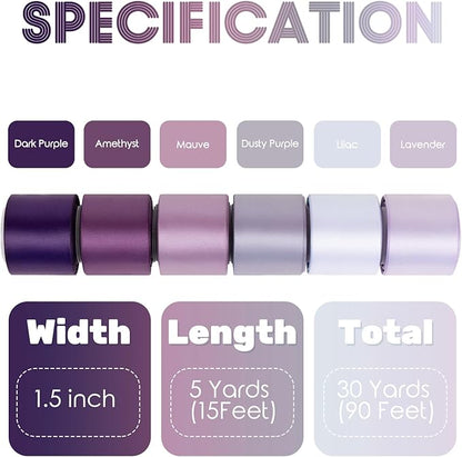 Purple Ribbon 1.5 Inch Lavender, Lilac, Amethyst, Dark Purple Double Faced Satin Ribbon for Flower Bouquet, Gift Wrapping, Wedding Invitation, Bows, Crafts, Gift Bags - 30Yards