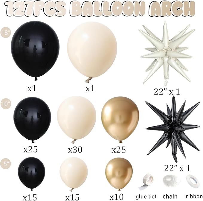 Black And Gold Balloon Arch Kit,Sand White Chrome Gold Balloons with Exploding Star Foil Balloons for New Year Decorations Graduation Retirement Adult Birthday Party Wedding Decor