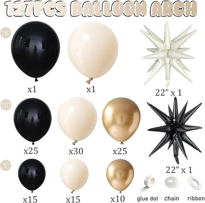Black And Gold Balloon Arch Kit,Sand White Chrome Gold Balloons with Exploding Star Foil Balloons for New Year Decorations Graduation Retirement Adult Birthday Party Wedding Decor