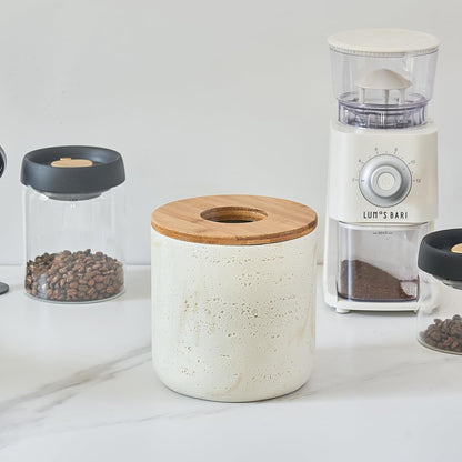 Natural Travertine Textures Beige Mini Trash Can with Bamboo Lid,Small Countertop Trash Can for Bathroom, Kitchen, Vanity, Desk Trash Can,Table Top Mini Garbage Can for Dining Room, Tiny Waste Basket
