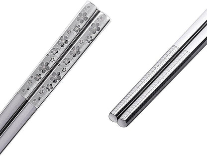 Metal Chopsticks Reusable Titanium Plated Stainless Steel Japanese Korean for Food & Cooking 9.5Inch Non-Slip for Beginners Square Laser 5 Pairs Gift Set