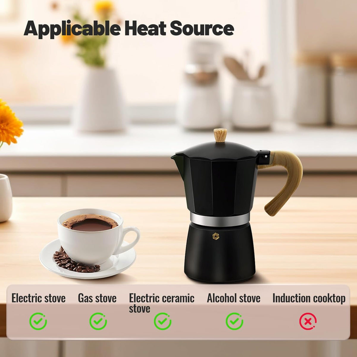 3 Cup Aluminum Moka Pot Classic Stovetop Espresso Coffee Maker 150ml 5oz Coffeemaker Percolator Mocha Pot Greca Coffee Maker Cafe Makers for Italian and Cuban Café Brewing Black