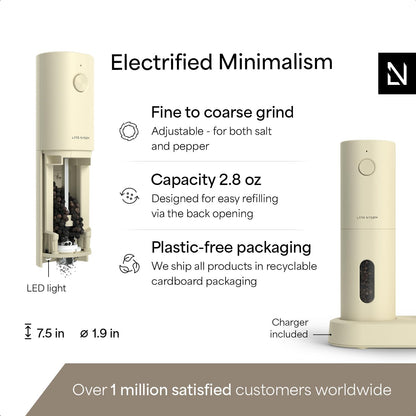 LARS NYSØM Electric Salt and Pepper Grinder Set, USB Rechargeable, Automatic Salt and Pepper Mills, Spice Shakers Refillable with LED Light, Adjustable Coarseness, Ceramic Grinder (Almond Beige)