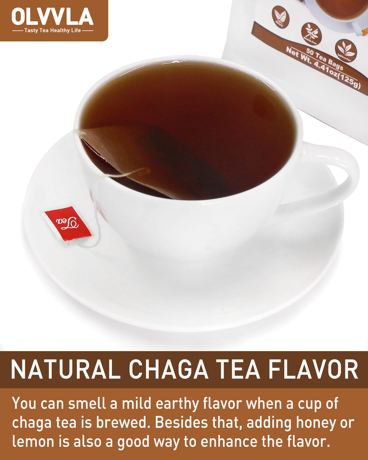 Olvvla - Chaga Tea Bags - 2.5g X 50 Count - 100% Wild Natural Chaga Mushroom Herbal Tea - Sourced from Siberia - Caffeine Free - Gluten-Free