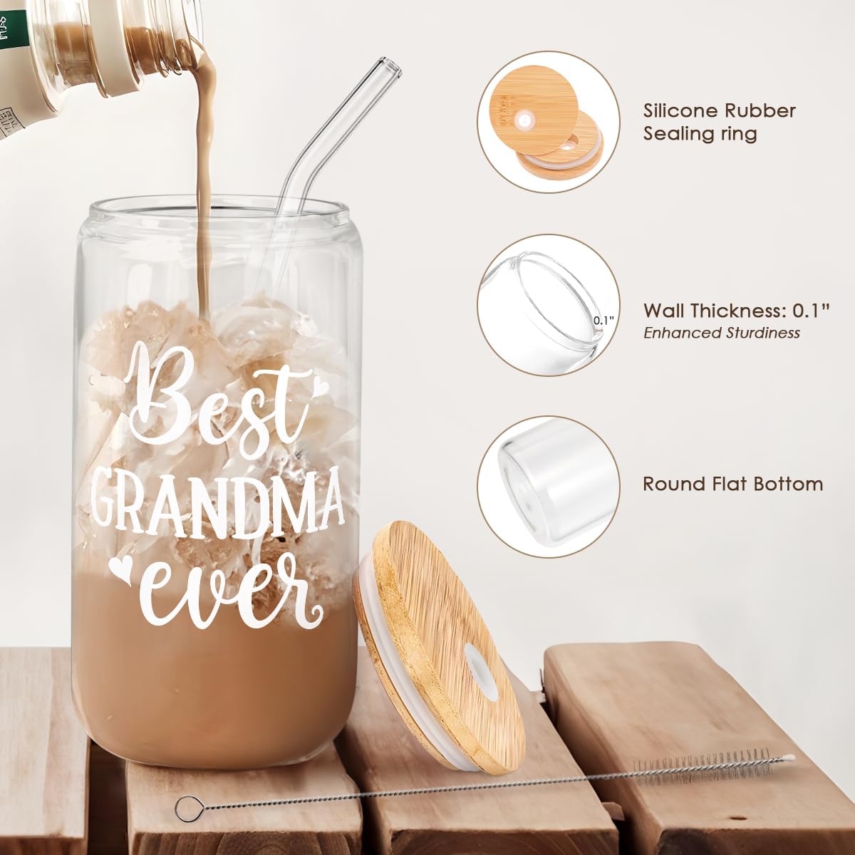 Grandma 16 Oz Can Glass Tumbler with Bamboo Lid and Straw - Iced Coffee Cups for Women