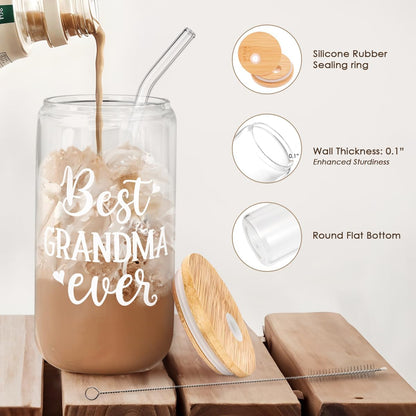 Grandma 16 Oz Can Glass Tumbler with Bamboo Lid and Straw - Iced Coffee Cups for Women