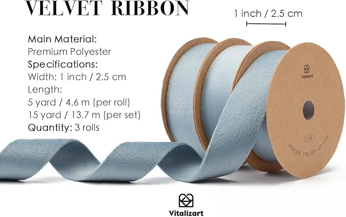 Vitalizart Dusty Blue Velvet Ribbon Set 1 Inch Double Faced for Christmas Ornaments Gift Wrapping 15 Yards Wreath Decoration Bows Making Holiday Crafts