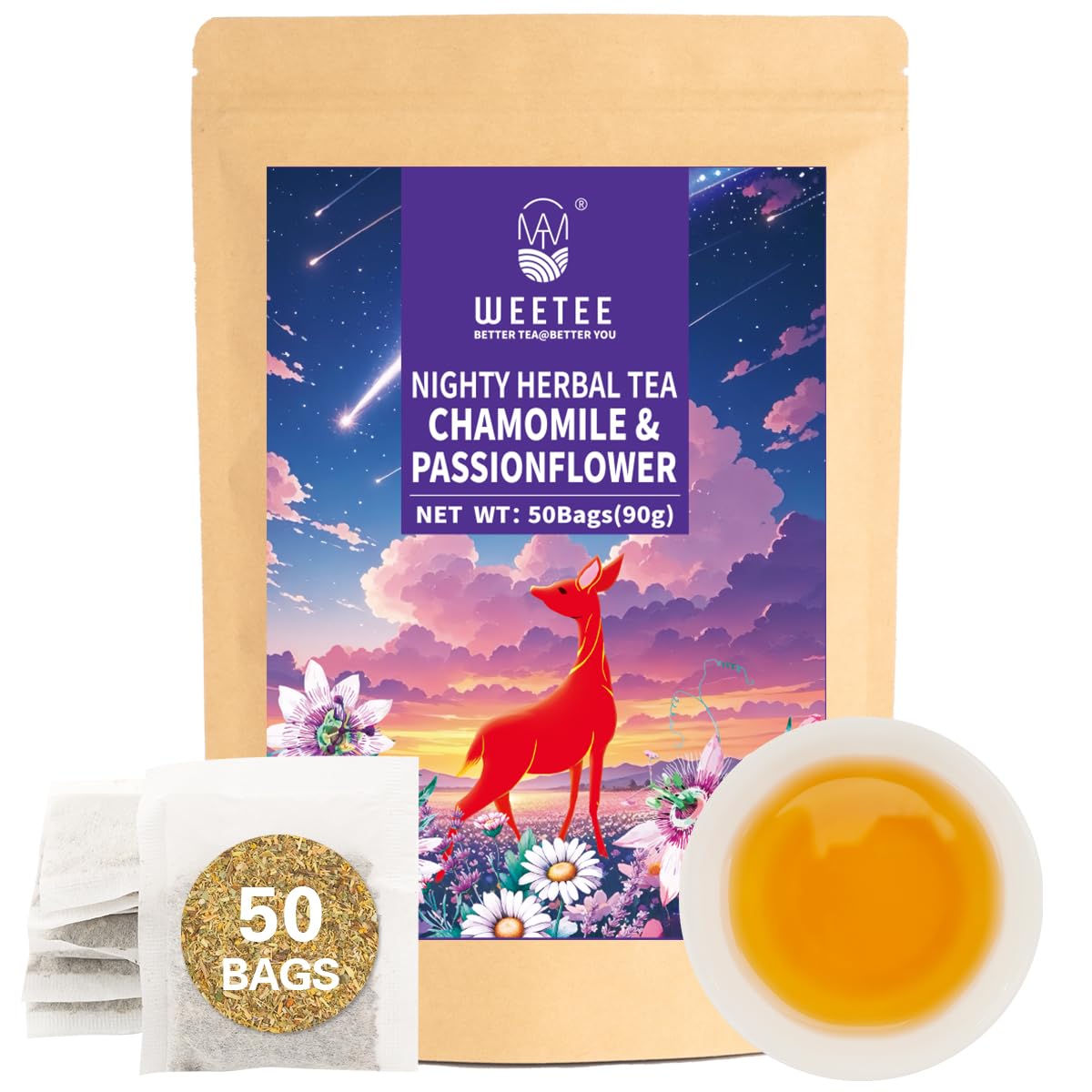WT Weetee Chamomile & Passionflower Nighty Herbal Tea Bags 50 Counts, Includes Spearmint, Valerian Root, Lavender, Peppermint & More