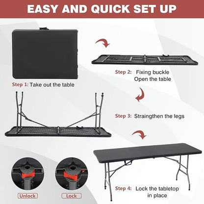 FDW Folding Half Portable Foldable Table for Parties Backyard Events (White, 6 FT 70 * 29) (Black, 6 FT)