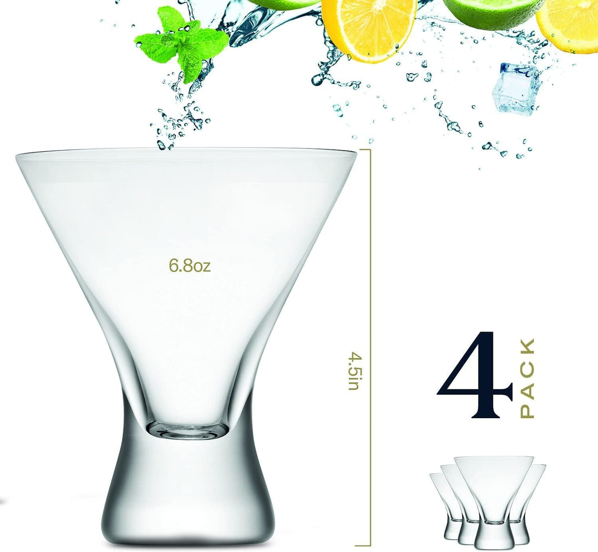 Beneti Martini Glasses Set of 4, Made in Europe, 8oz Clear Stemless Cocktail Bar Drinking Glassware Set for Parties (4 Pack)