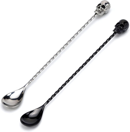 Homestia 12'' Gothic Skull Bar Spoon, Long Cocktail Mixing Spoon, Set of 2 | Dirty Soda Bar Supplies, Stainless Steel Coffee Bar Accessories, Halloween Drink Stirrers, Long Spiral Stirring Spoon