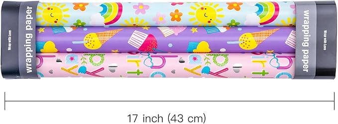 WRAPAHOLIC Girls Birthday Wrapping Paper Roll - 3 Short Rolls - 17 inch x 120 inch Per roll - Fantacy Pink and Purple Wrapping Paper for Kids Girls Birthday, Baby Shower