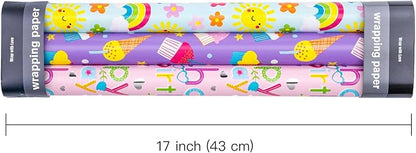 WRAPAHOLIC Girls Birthday Wrapping Paper Roll - 3 Short Rolls - 17 inch x 120 inch Per roll - Fantacy Pink and Purple Wrapping Paper for Kids Girls Birthday, Baby Shower