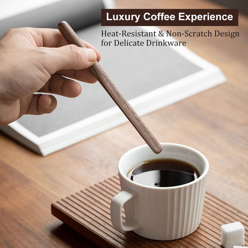 4Pcs Black Walnut Wood Coffee Stirrers 6″ Reusable Wooden Drink Stir Sticks for Coffee, Tea, Milk, Chocolate & Jam Spreader