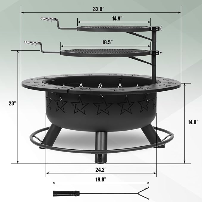 32.5" 3-in-1 Fire Pit Table with Dual Grills – Wood Burning Firepit for Outside Cooking, BBQ Grate & Round Patio Table – Includes Charcoal Pan, Log Rack,Poker & Lid for Backyard, Garden