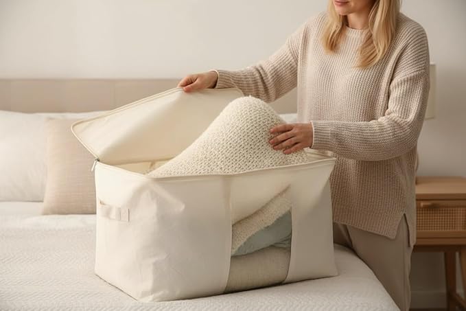 DoYiKe Soft Canvas Clothes Storage Bags with Four Carrying Handles and Clear Window, Closet Organizer for Clothing, Blankets Sheets and Bedding, 55L, Beige