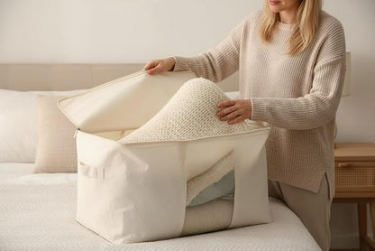 DoYiKe Soft Canvas Clothes Storage Bags with Four Carrying Handles and Clear Window, Closet Organizer for Clothing, Blankets Sheets and Bedding, 55L, Beige