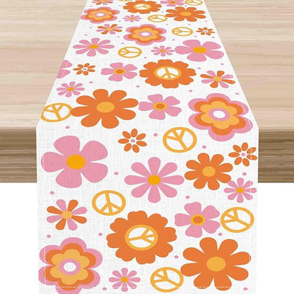 Groovy Floral Table Runner, Retro 70s Hippie Floral Funky Pink Cute Flower Trippy Coffee Table Center Decor for Home Kitchen Dining Patio Holiday Party Indoor Outdoor Table Decorations, 13"x90" Inch