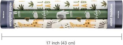 WRAPAHOLIC Kraft Baby Shower Wrapping Paper - Mini Roll - 3 Rolls - 17 Inch x 120 Inch - Jungle Animal Wrapping Ppaer for Neutral Baby Shower, Kids Boys Girls Birthday